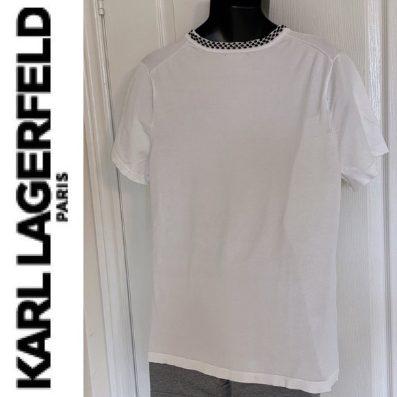 KARL LAGERFELD PARIS white knit t-shirt with black neck trim, XL - Picture 6 of 16